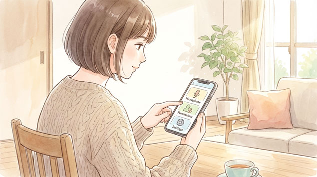 LINEのマイク設定を確認する女性
