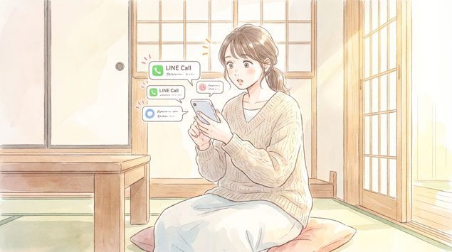 : LINE通話エラー表示を確認する女性