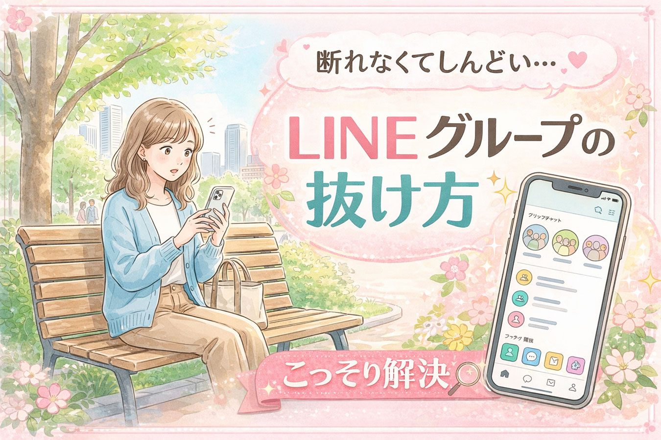 LINEグループの通知に疲れてスマホを見つめる女性