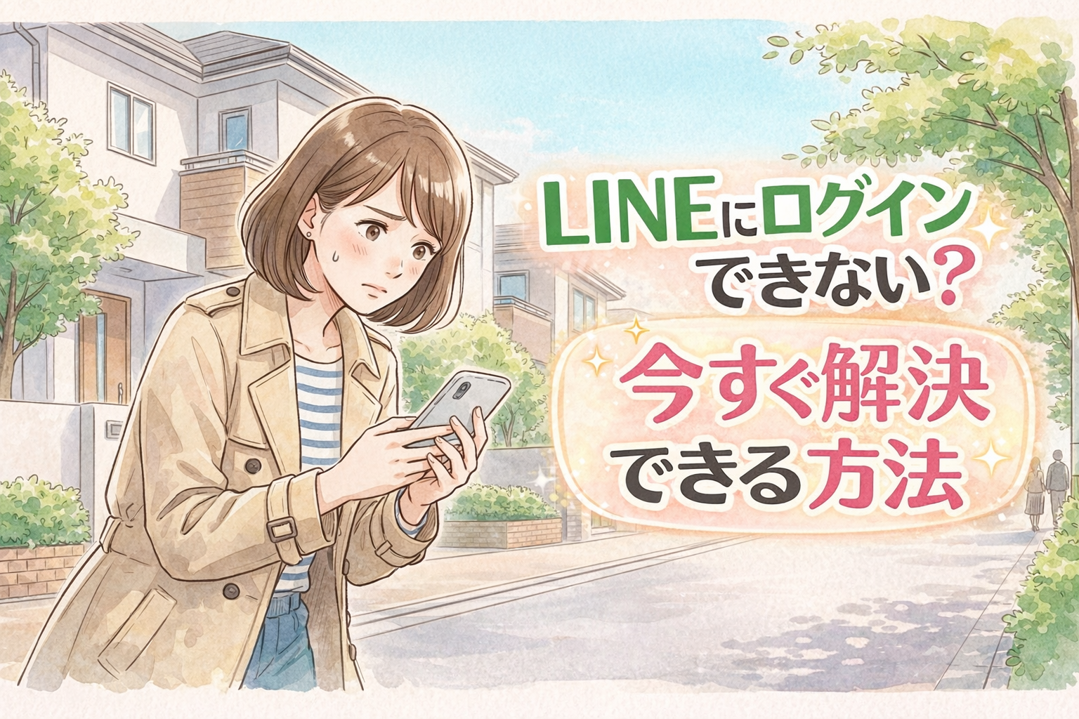 LINEにログインできず困ってスマホを見る女性