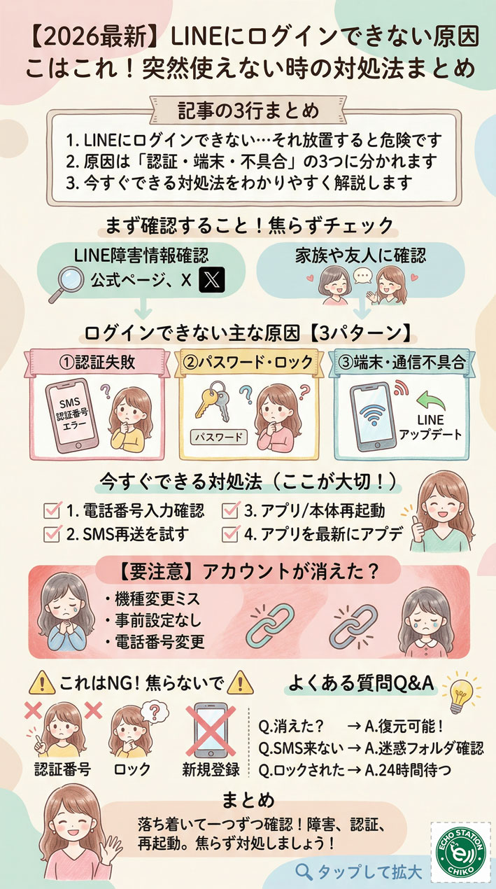 【2026最新】LINEにログインできない原因と対処法|突然使えない時の解決策 インフォグラフ