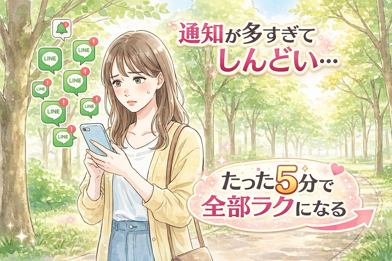 LINE通知が多くて悩む女性のイメージ