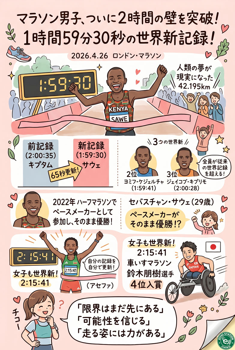 マラソン男子、ついに2時間の壁を突破！1時間59分30秒の世界新記録が生まれた日インフォグラフ