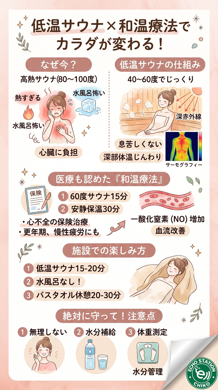 水風呂なしで"ととのう"！低温サウナ×和温療法が心とカラダを変える理由 インフォグラフ