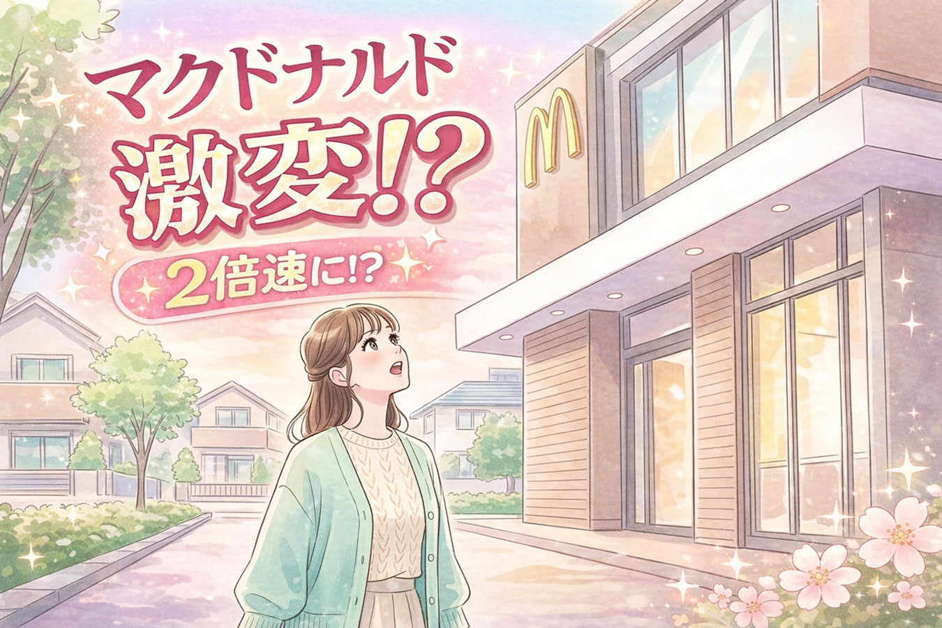 マクドナルド新型店舗の前に立つ女性