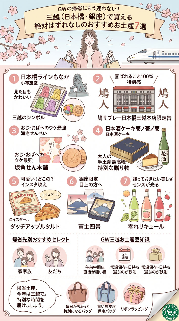 GWの帰省にもう迷わない！三越（日本橋・銀座）で買える絶対はずれなしのおすすめお土産7選 インフォグラフ