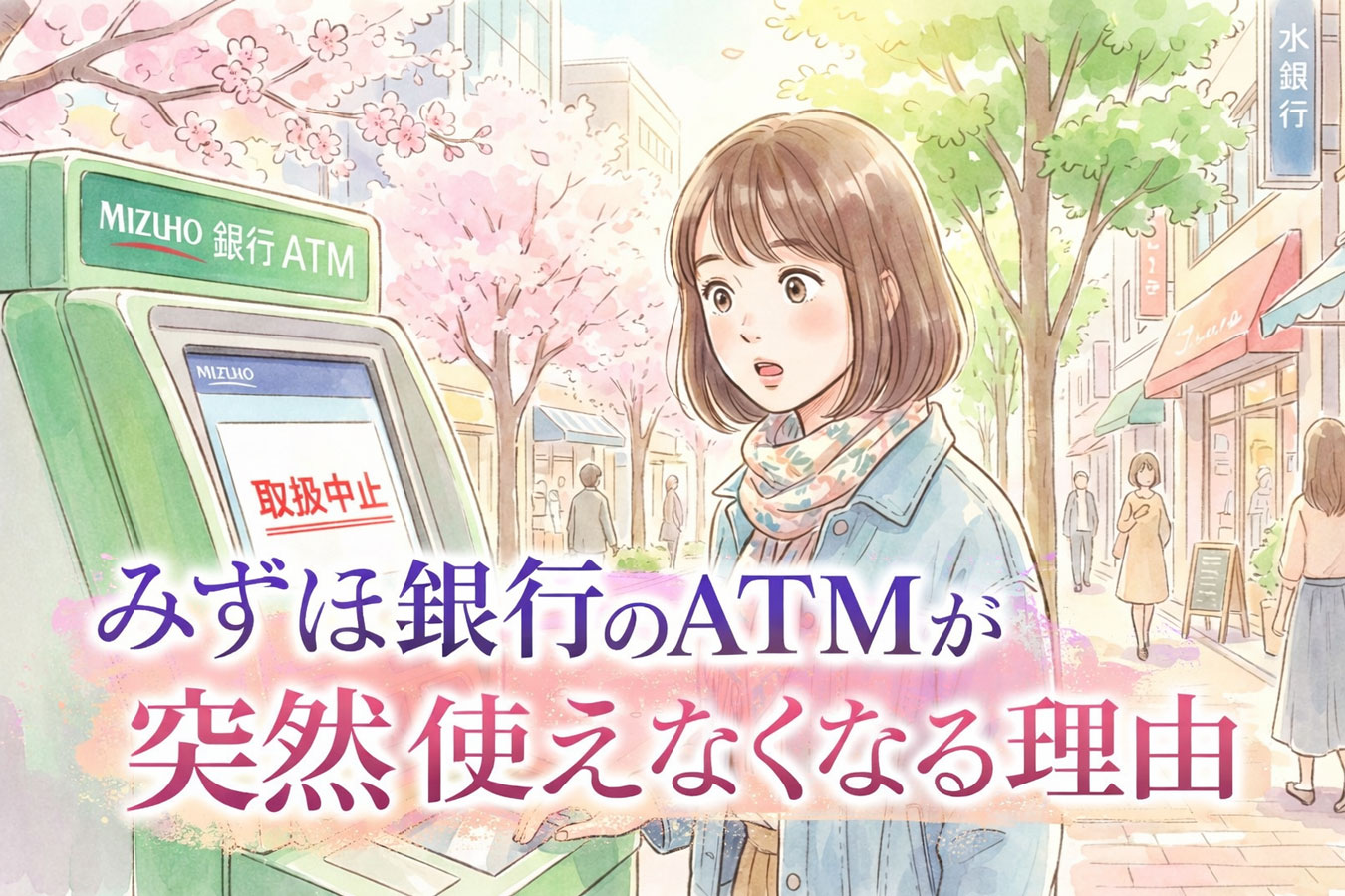 みずほ銀行ATMのサービス休止画面を見て驚く女性