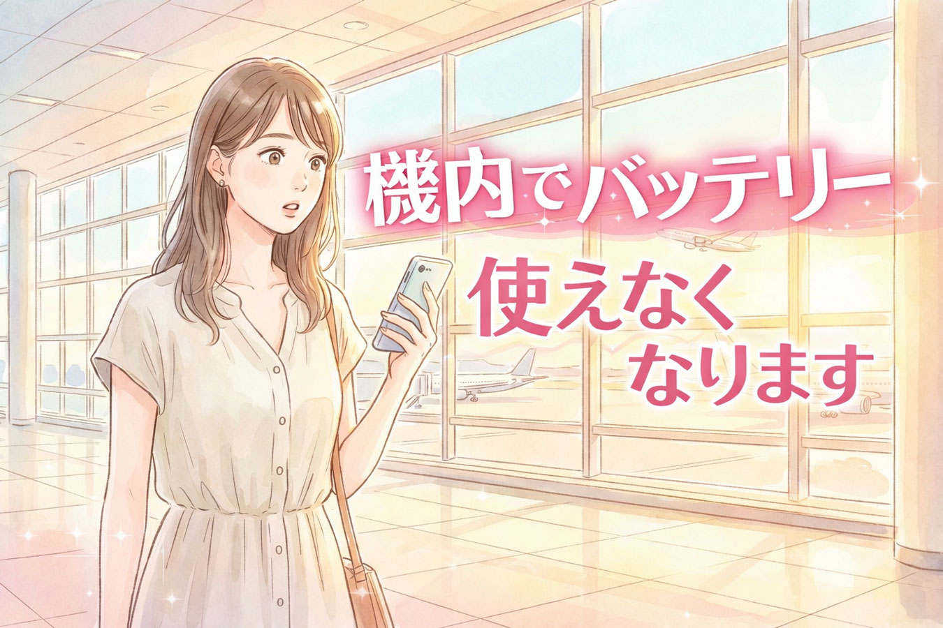 空港でモバイルバッテリーを確認する女性