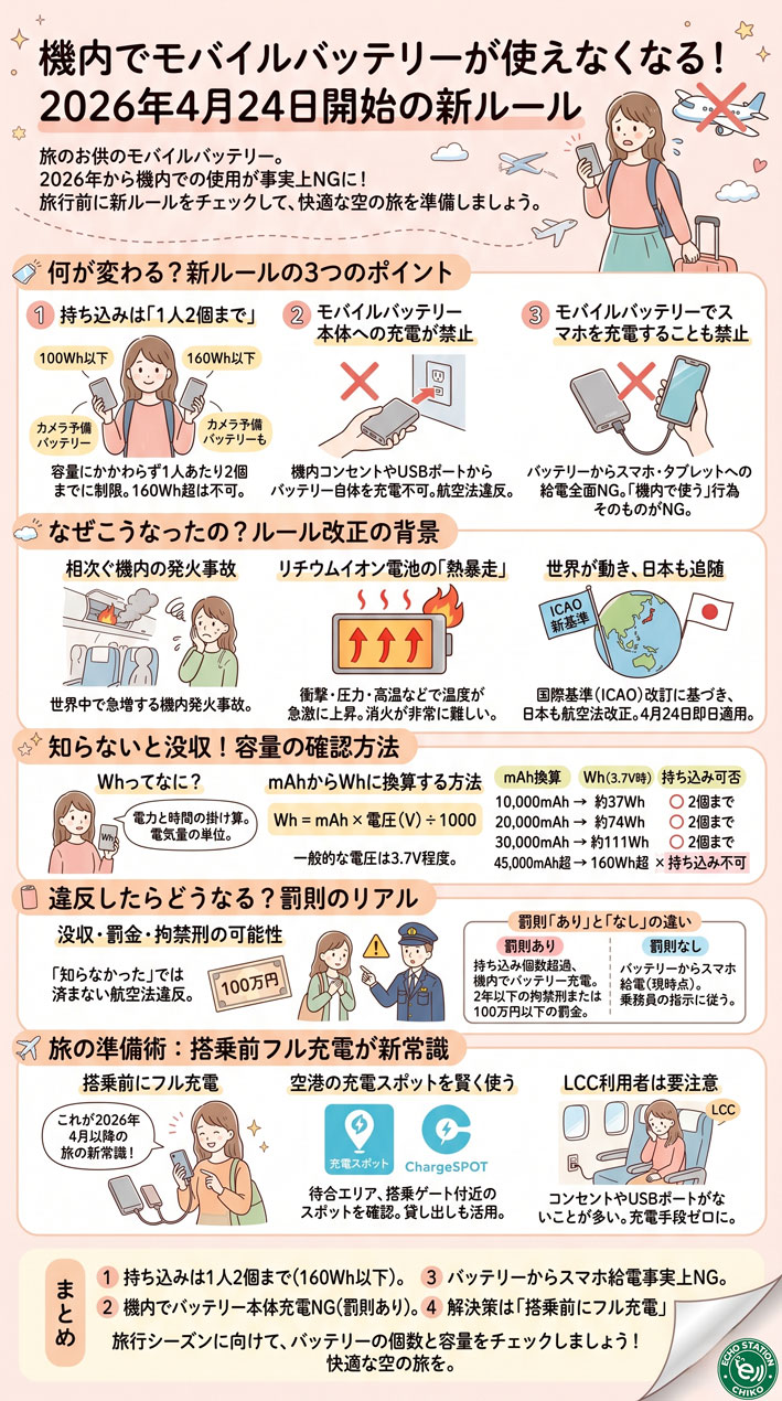 機内でモバイルバッテリーが使えなくなる！2026年4月24日から始まる新ルールと旅の準備術 インフォグラフ