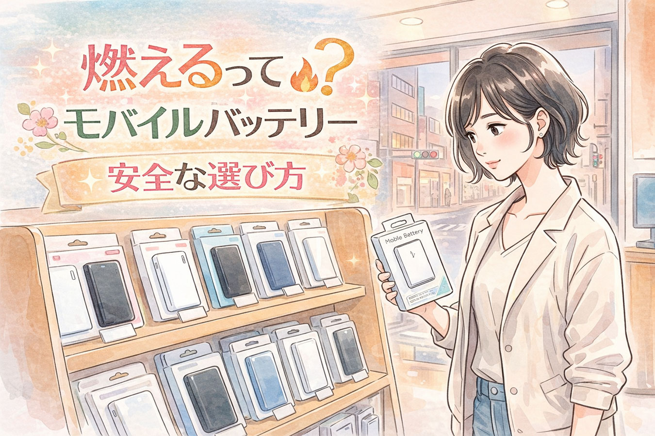 家電量販店でモバイルバッテリーを見る女性