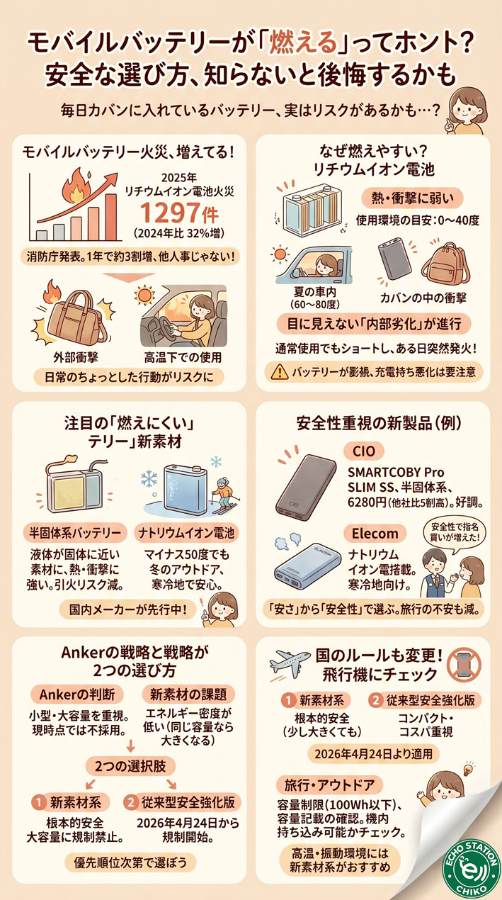 モバイルバッテリーが「燃える」ってホント？安全な選び方、知らないと後悔するかも インフォグラフ