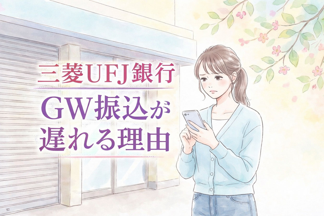 GW中に閉まった銀行の前でスマホを確認する女性