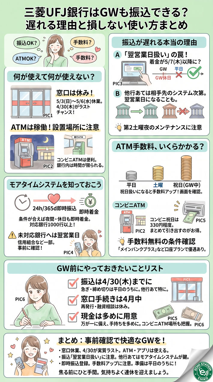 三菱UFJ銀行はGWも振込できる？遅れる理由と損しない使い方まとめ インフォグラフ
