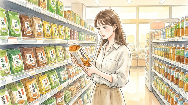 PIC6 | alt: スーパーの棚に並ぶ麦茶の商品を選ぶ女性のイラスト