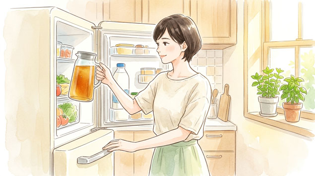 PIC5 | alt: 冷蔵庫に麦茶ポットを入れる女性のイラスト、清潔感のある夏のキッチン