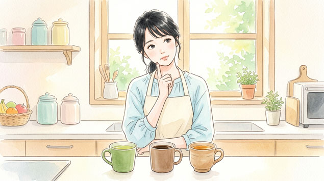 PIC4 | alt: テーブルの上に緑茶・コーヒー・麦茶が並び比較する女性