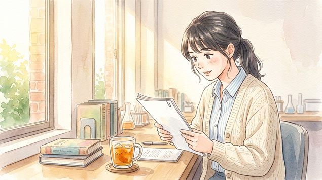 PIC3 | alt: 大麦麦茶を前に研究論文を読む真剣な表情の女性イラスト