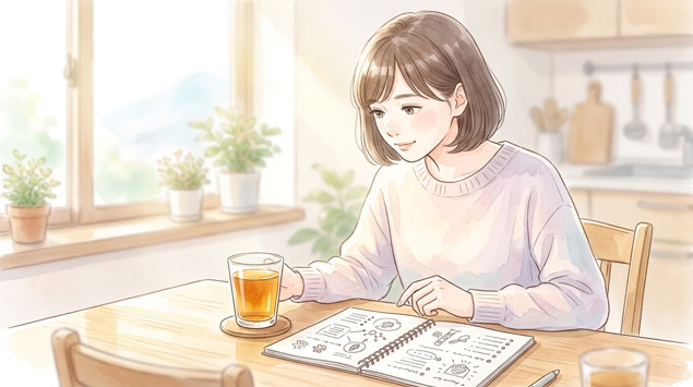 PIC2 | alt: 東洋医学と科学を対比するように麦茶のコップと研究ノートを眺める女性