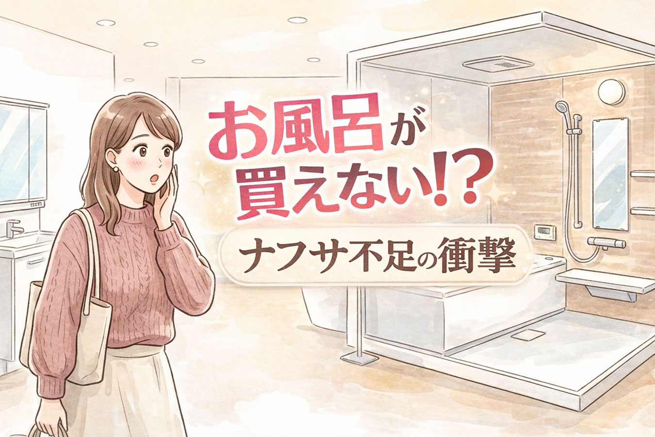 ユニットバスの展示を見て驚く女性