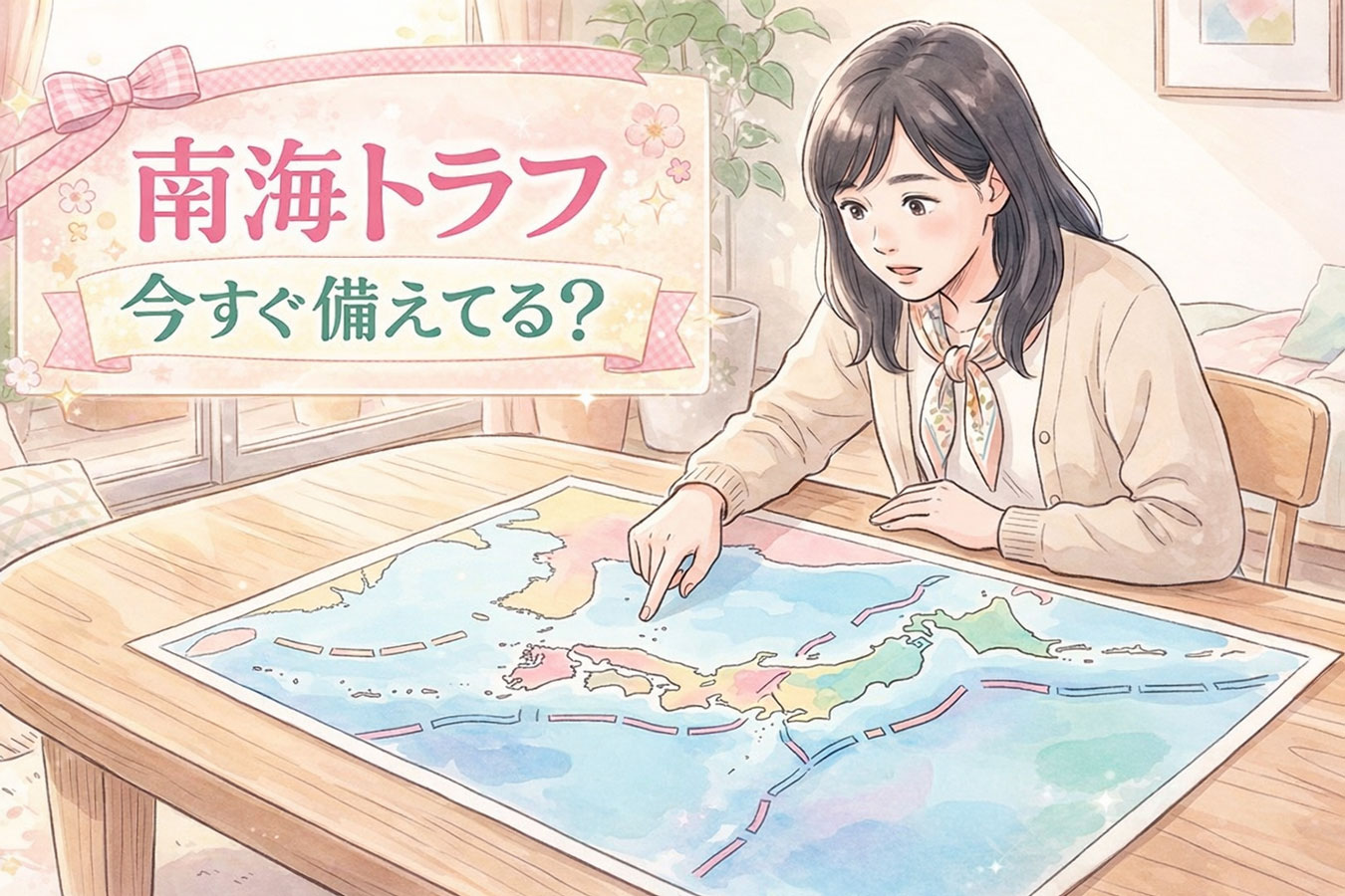 プレートの模式図を指差す女性。南海トラフのしくみを解説するイメージ