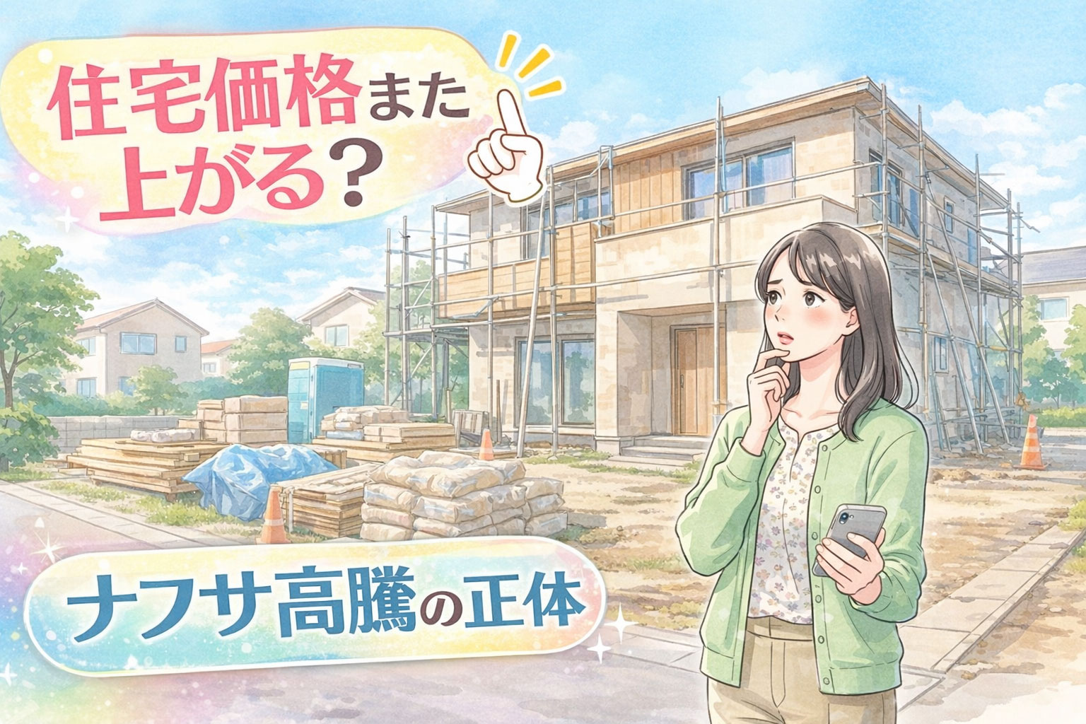 住宅価格の上昇に不安を感じる女性と建築現場