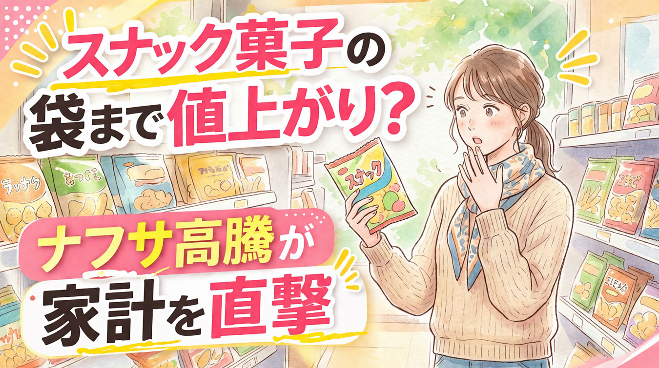 スーパーでお菓子の包装を見て驚く女性