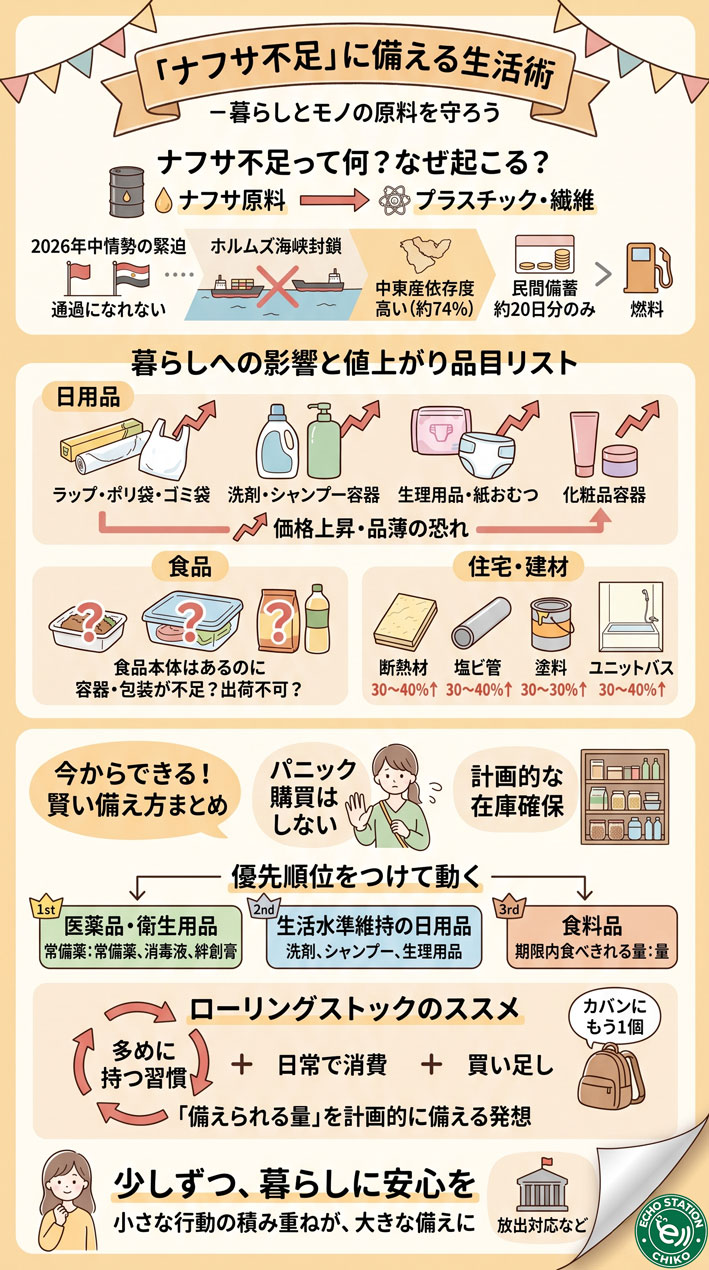 ナフサ不足で暮らしが変わる？今から備えておきたいものリストと対策まとめ【2026年版】インフォグラフ