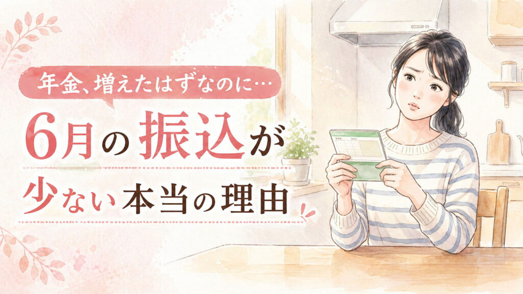 通帳を見て首をかしげる日本人女性のイラスト