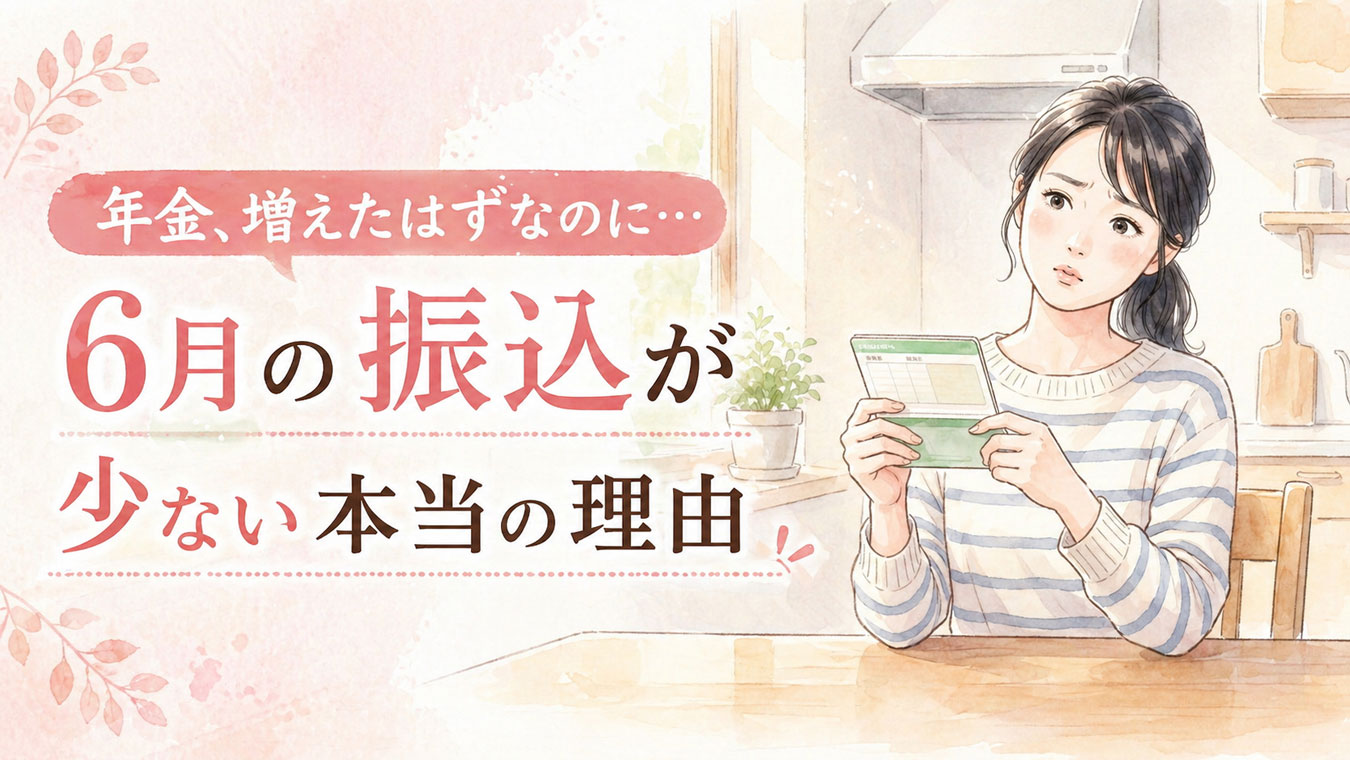 通帳を見て首をかしげる日本人女性のイラスト