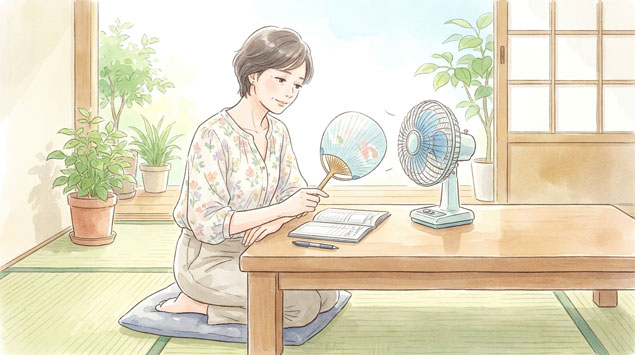 扇風機の前で家計簿を見る女性のイラスト
