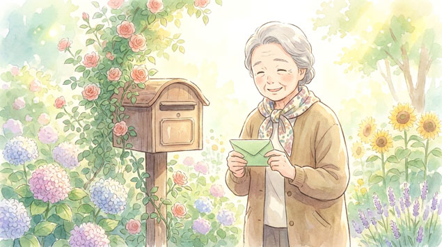 緑色の封筒を手に取る高齢女性のイラスト