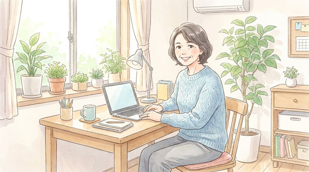 パソコンに向かって働く60代の女性のイラスト