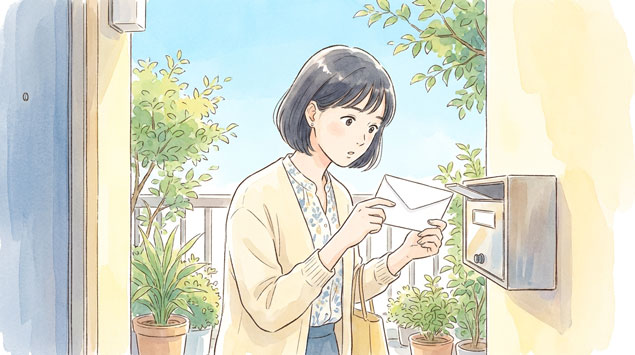 郵便受けから通知書を取り出す女性のイラスト