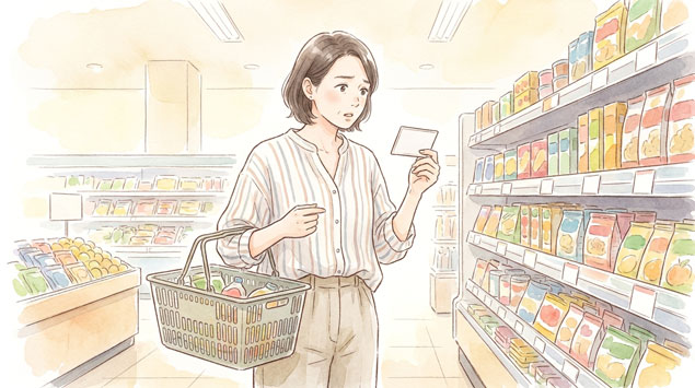 スーパーで値札を見て驚く女性のイラスト