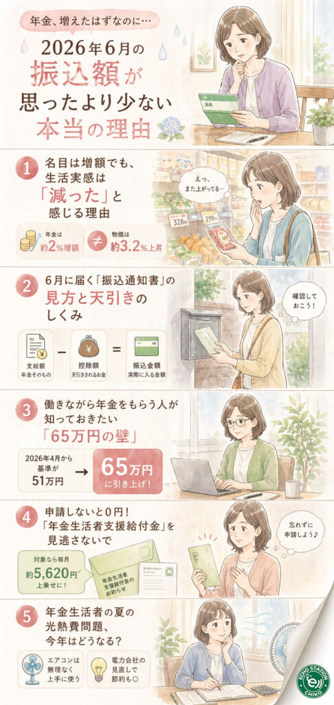 「年金、増えたはずなのに…」2026年6月の振込額が思ったより少ない本当の理由 インフォグラフ