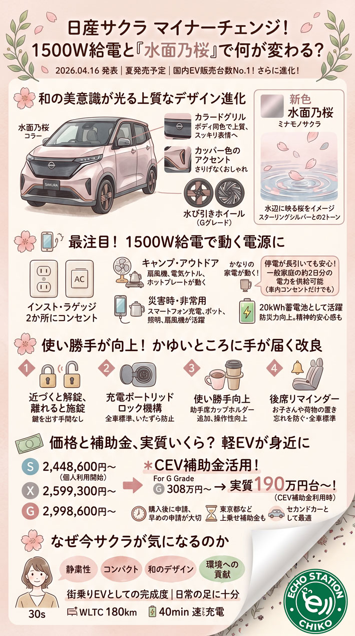 日産サクラがマイナーチェンジ！1500W給電と「水面乃桜」新色で何が変わる？インフォグラフ