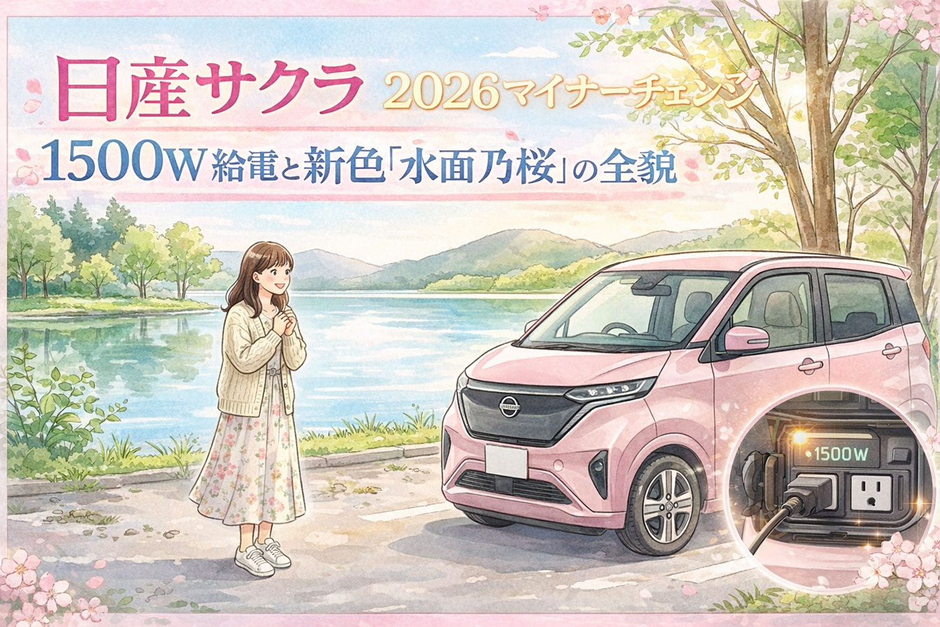 日産サクラ2026マイナーチェンジを眺める女性 title: 新型サクラと湖畔に立つ女性のイラスト caption: 水辺に映える新型サクラのデザイン