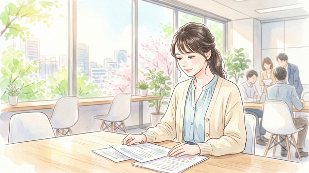 PIC6 | alt: 会議室で資料を手に話し合う会社員たちのイラスト