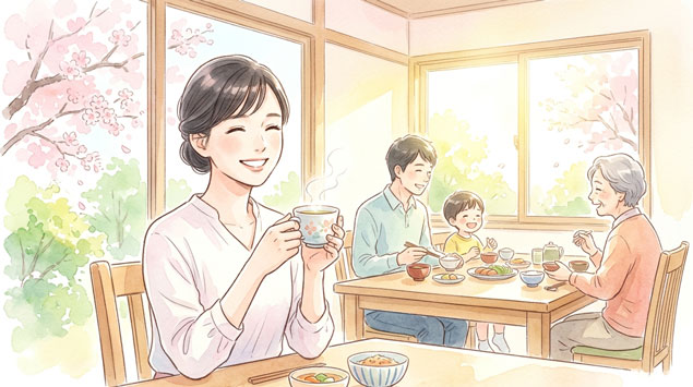 PIC5 | alt: 家族で食卓を囲みながら安心した表情の女性イラスト