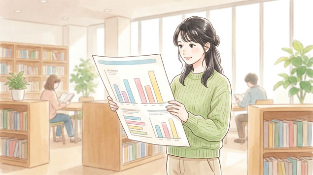 PIC4 | alt: 統計グラフを見ながら考え込む女性のイラスト、パステルカラー