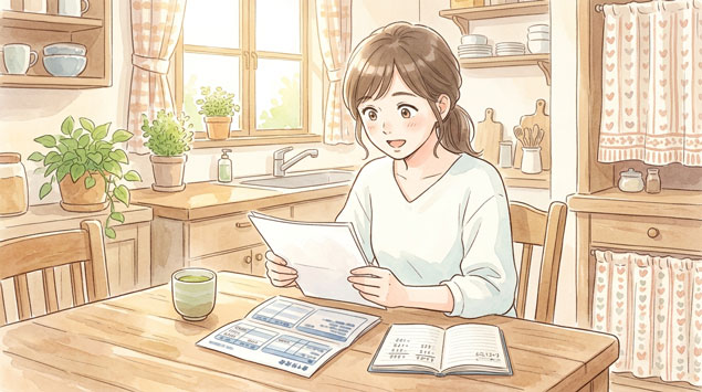 PIC3 | alt: 書類を見ながら給与明細の内容に驚く女性のイラスト