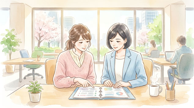 PIC2 | alt: 職場でパソコンを前に考え込む女性社員と正社員のイラスト