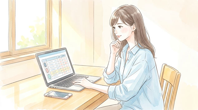 PIC4 | alt: スマートフォンの中古市場価格をパソコンで調べている女性