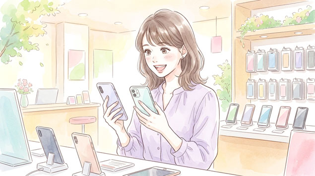 PIC6 | alt: スマートフォンショップで新機種を手に取って比較している女性