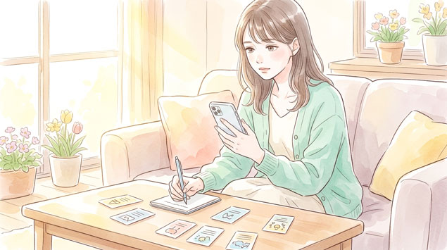 PIC5 | alt: スマートフォンの買い替えを前に選択肢を考えている女性