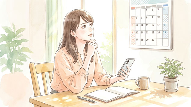 PIC3 | alt: カレンダーを見ながらスマートフォンの買い替えを検討している女性