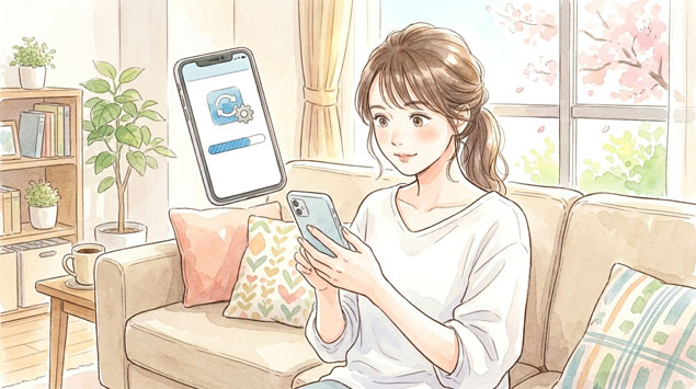 PIC2 | alt: ソファでスマートフォンを操作しながらアップデートの内容を確認している女性