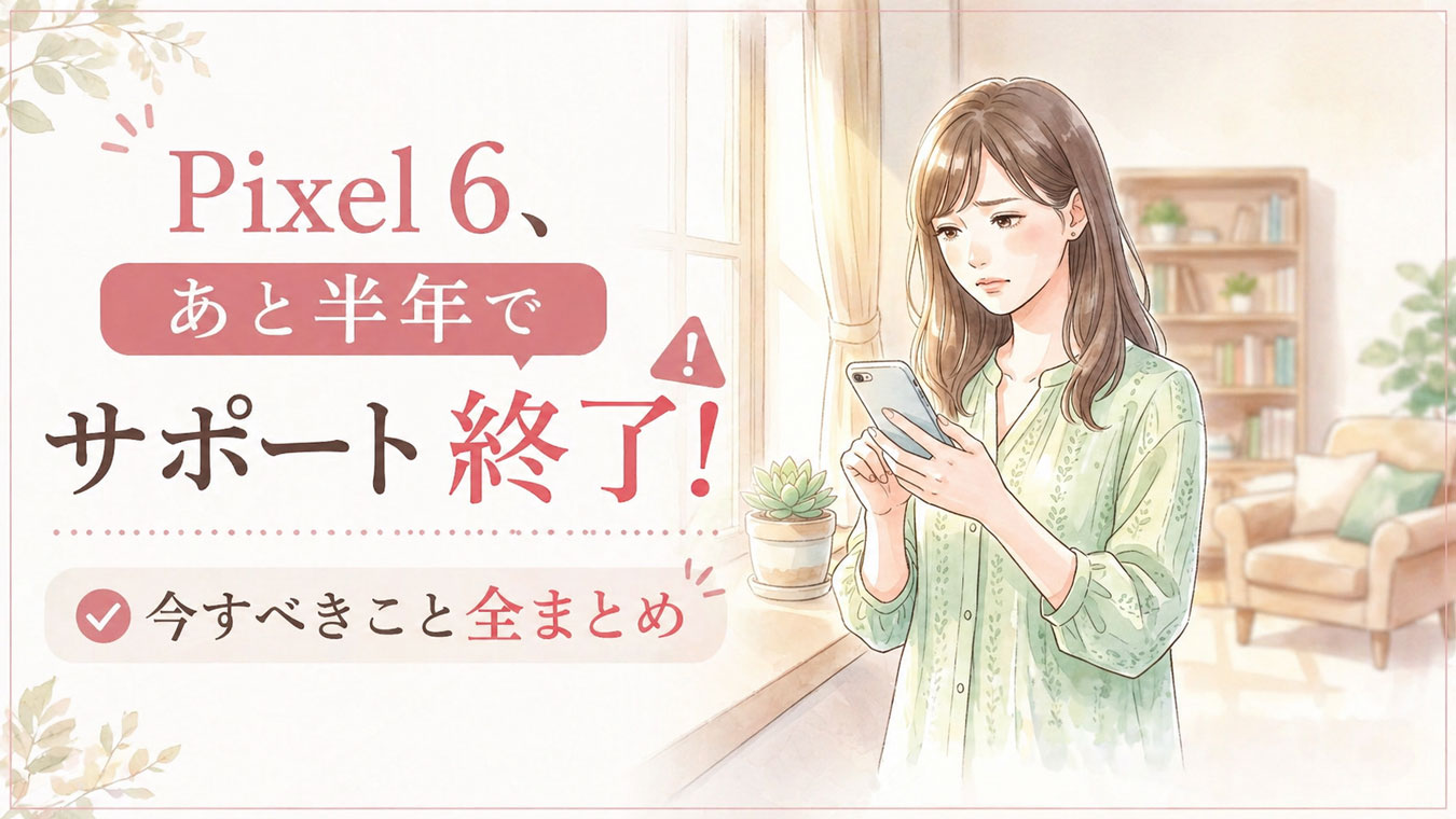 リビングの窓際でスマートフォンのアップデート通知を見て考え込む女性