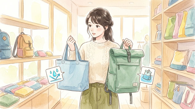  撥水バッグを選んでいる女性のイラスト