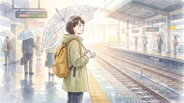 通勤・おでかけシーンで撥水バッグを使い分ける女性のイラスト